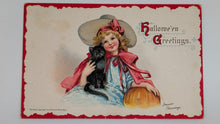 Load image into Gallery viewer, Antique Halloween Postcard by Frances Brundage - Black Cat &amp; Pumpkin (Series No. 121)