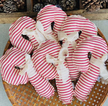 Load image into Gallery viewer, A Gnome on the Roam - Fabric Candy Canes in red and white ticking and ribbon