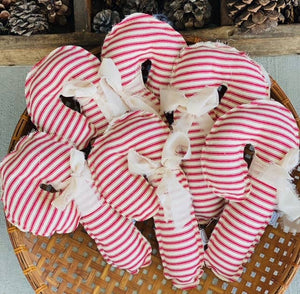 A Gnome on the Roam - Fabric Candy Canes in red and white ticking and ribbon