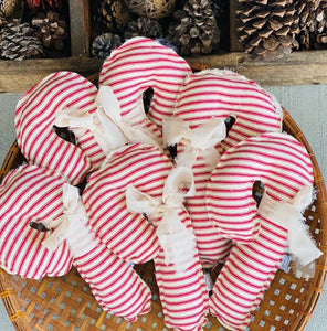A Gnome on the Roam - Fabric Candy Canes in red and white ticking and ribbon
