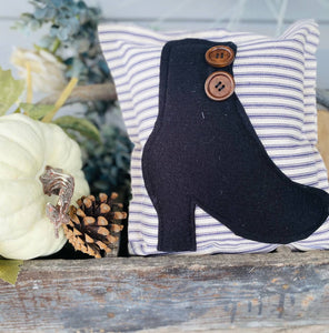 A Gnome on the Roam - Halloween Witch Boot Pillow 9x9 Primitive Ticking Stripe