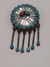 Load image into Gallery viewer, Janta Lonjose Sunface Pin / Pendant Turquoise Coral Mother of Pearl and Jet