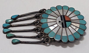 Janta Lonjose Sunface Pin / Pendant Turquoise Coral Mother of Pearl and Jet