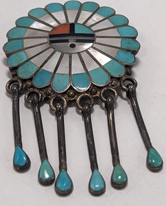 Janta Lonjose Sunface Pin / Pendant Turquoise Coral Mother of Pearl and Jet