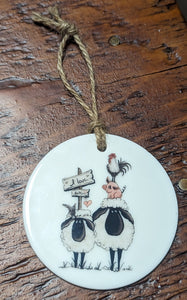 "I Love Ewe" Ceramic Valentine Ornament Tag Two Sheep, Pig and Rooster