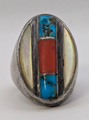 Native American MOP Turquoise Coral Inlaid Sterling Silver Sandcast Men's Ring Size 10.25