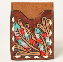 Load image into Gallery viewer, Genuine Leather Hand Tooled Feather Design Card Holder