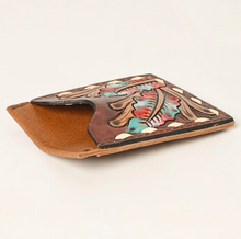 Load image into Gallery viewer, Genuine Leather Hand Tooled Feather Design Card Holder