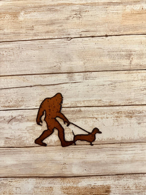 Universal Ironworks USA - Bigfoot with Dachshund Yeti Sasquatch Rustic Metal Magnet