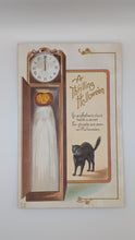 Load image into Gallery viewer, Antique 1910s Halloween Postcard - "A Thrilling Halloween" Grandfather Clock &amp; Black Cat - Heavily Embossed, Unposted