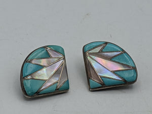 Southwestern Inlaid Multi Stone Abalone Shell and Block Turquoise and Sterling Silver Clip Earrings