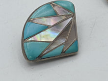 Load image into Gallery viewer, Southwestern Inlaid Multi Stone Abalone Shell and Block Turquoise and Sterling Silver Clip Earrings