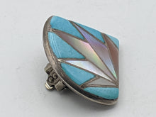 Load image into Gallery viewer, Southwestern Inlaid Multi Stone Abalone Shell and Block Turquoise and Sterling Silver Clip Earrings