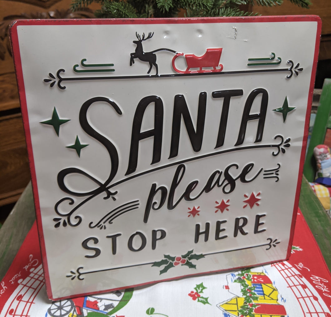 Santa Please Stop Here Metal Enamel Sign with Reindeer and Sleigh