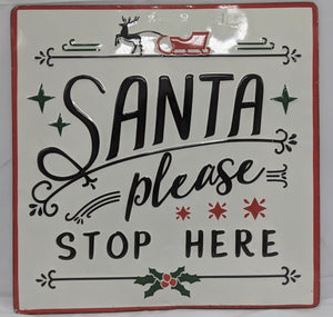 Santa Please Stop Here Metal Enamel Sign with Reindeer and Sleigh
