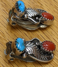 Load image into Gallery viewer, Navajo Stabilized Turquoise and Coral Clip Earrings Hallmarked YB
