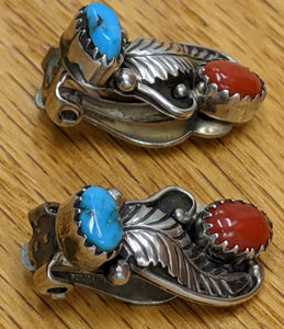 Navajo Stabilized Turquoise and Coral Clip Earrings Hallmarked YB